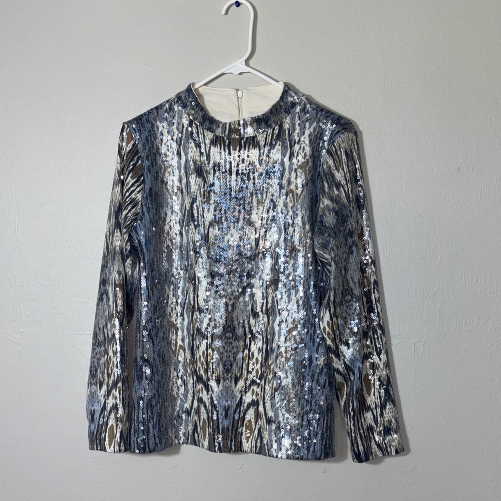 Chico's Blue and Gray Patterned Sequin Blouse